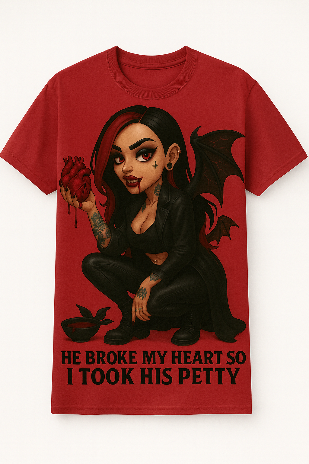 🔥 “He Broke My Heart So I Took His Petty” – Demon Girl Edition Tee